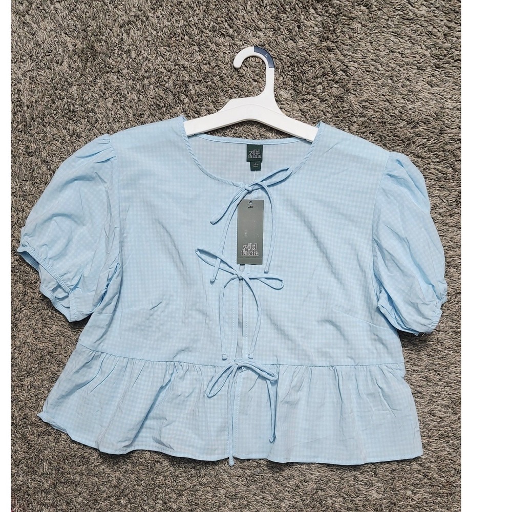 Wild Fable Kids Blue Gingham Puff Sleeve Tie Front Peplum Top Large